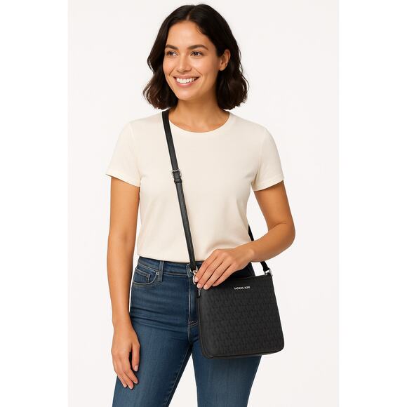 Michael Kors Jet Set East West Crossbody Bag Black MK Logo PVC Leather Purse - Picture 1 of 16